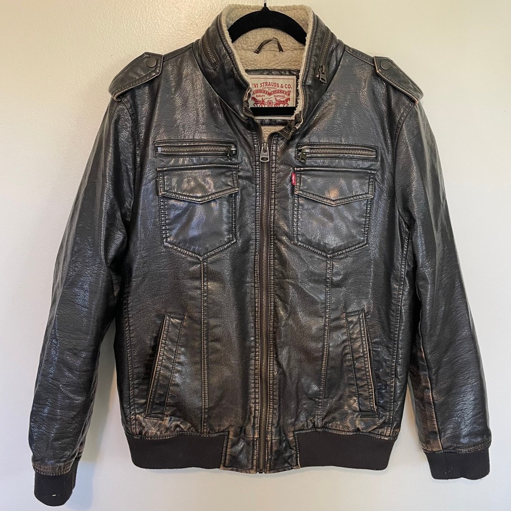 Levi's Faux Leather Vegan Sherpa Lined Aviator Bomber Jacket Mens M Normcore